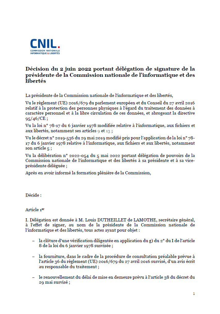 Décision du 2 juin 2022 portant délégation de signature de la présidente de la Commission nationale de l’informatique et des libertés - Publiée le 3 juin 2022