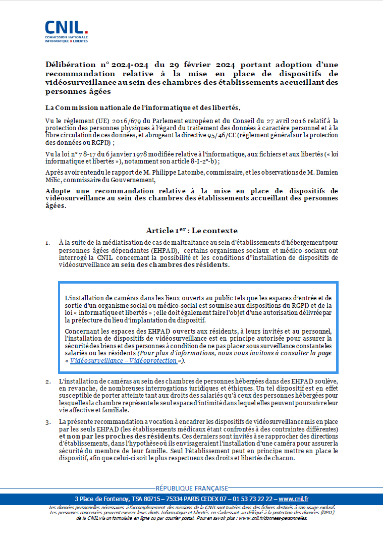 Délibération n° 2024-024 du 29 février 2024 portant adoption d'une recommandation relative à la mise en place de dispositifs de vidéosurveillance au sein des chambres des établissements accueillant des personnes âgées