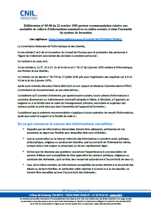 Recommandation - Collecte d'informations nominatives en milieu scolaire et dans l'ensemble du système de formation