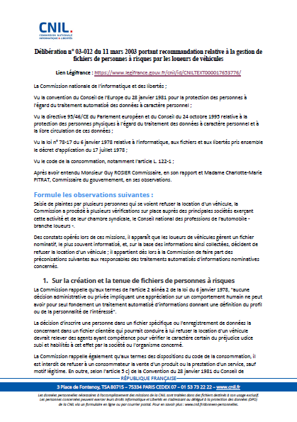 Recommandation - Gestion de fichiers de personnes à risques par les loueurs de véhicules