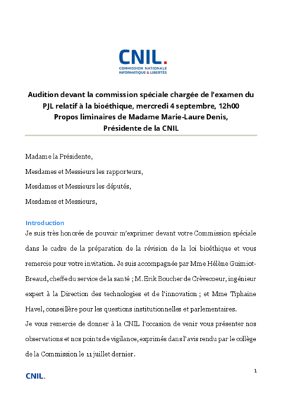 Audition devant la commission spéciale chargée de l’examen du PJL relatif à la bioéthique, mercredi 4 septembre, 12h00 - Propos liminaires de Madame Marie-Laure Denis, Présidente de la CNIL