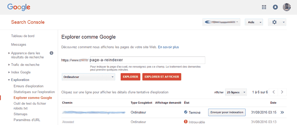 4- Google search console demander l'exploration d'une  url