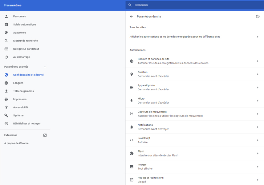 Chrome - paramètres de confidentialité
