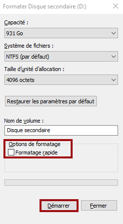 Fenêtre de formatage de disque dur - Windows