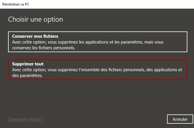 Ecran récupération choix - Windows Ecran récupération choix - Windows