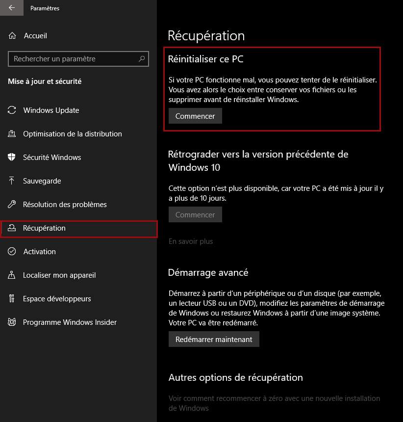 Écran de récupération - Paramètres - Windows Écran de récupération - Paramètres - Windows