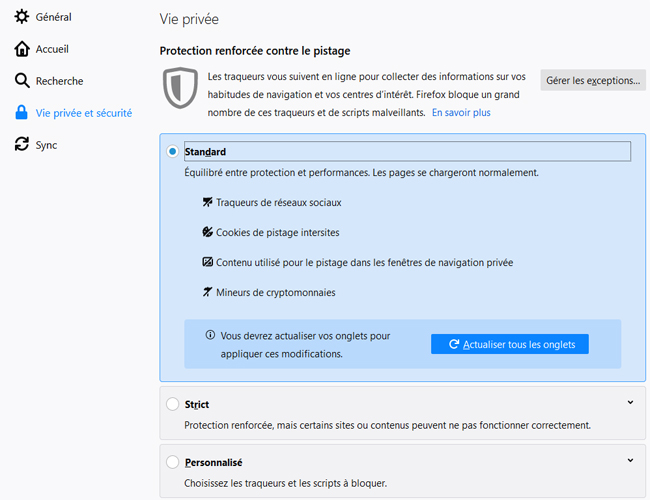 bloquer les cookies tiers, Firefox