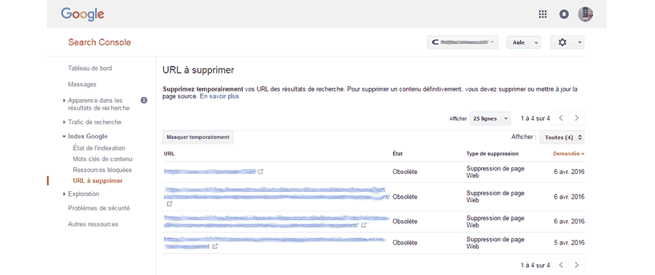 Google search console urls à supprimer