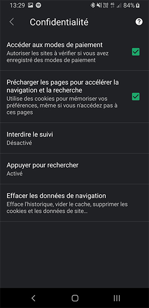 Vivaldi mobile - Gestion de la vie privée